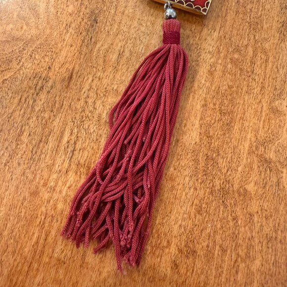 Asian Enamel Pendant on Red Rope Cord w. Tassel Long Necklace - Picture 6 of 9